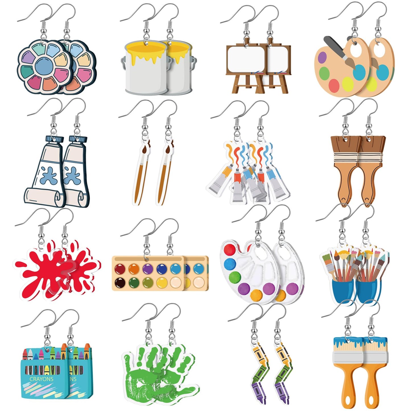 16 Pairs Art Teacher Appreciation Gifts Paint Earrings for Women Big Acrylic Dangle Drop Teacher Appreciation Earrings Personality Palette Paint Brush Jewelry Artist Painter
