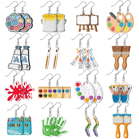 16 Pairs Art Teacher Appreciation Gifts Paint Earrings for Women Big Acrylic Dangle Drop Teacher Appreciation Earrings Personality Palette Paint Brush Jewelry Artist Painter