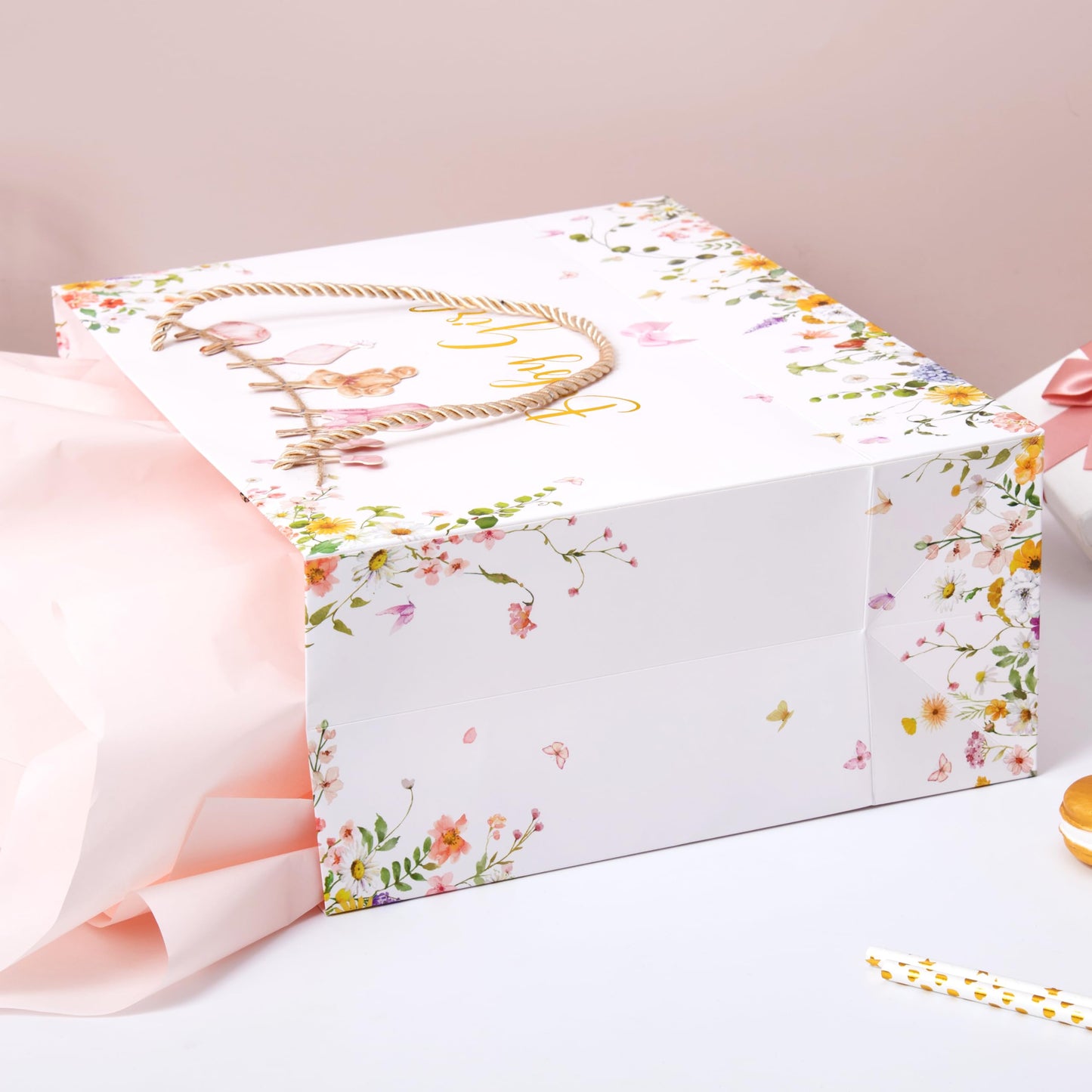 Crisky 13" Large Baby Shower Gift Bag with Tissue Paper, Gift Card and Bow for Baby Shower Decorations for Girl Kids Birthday Gifts(Features a Babysuit Banner and Pink Bow)