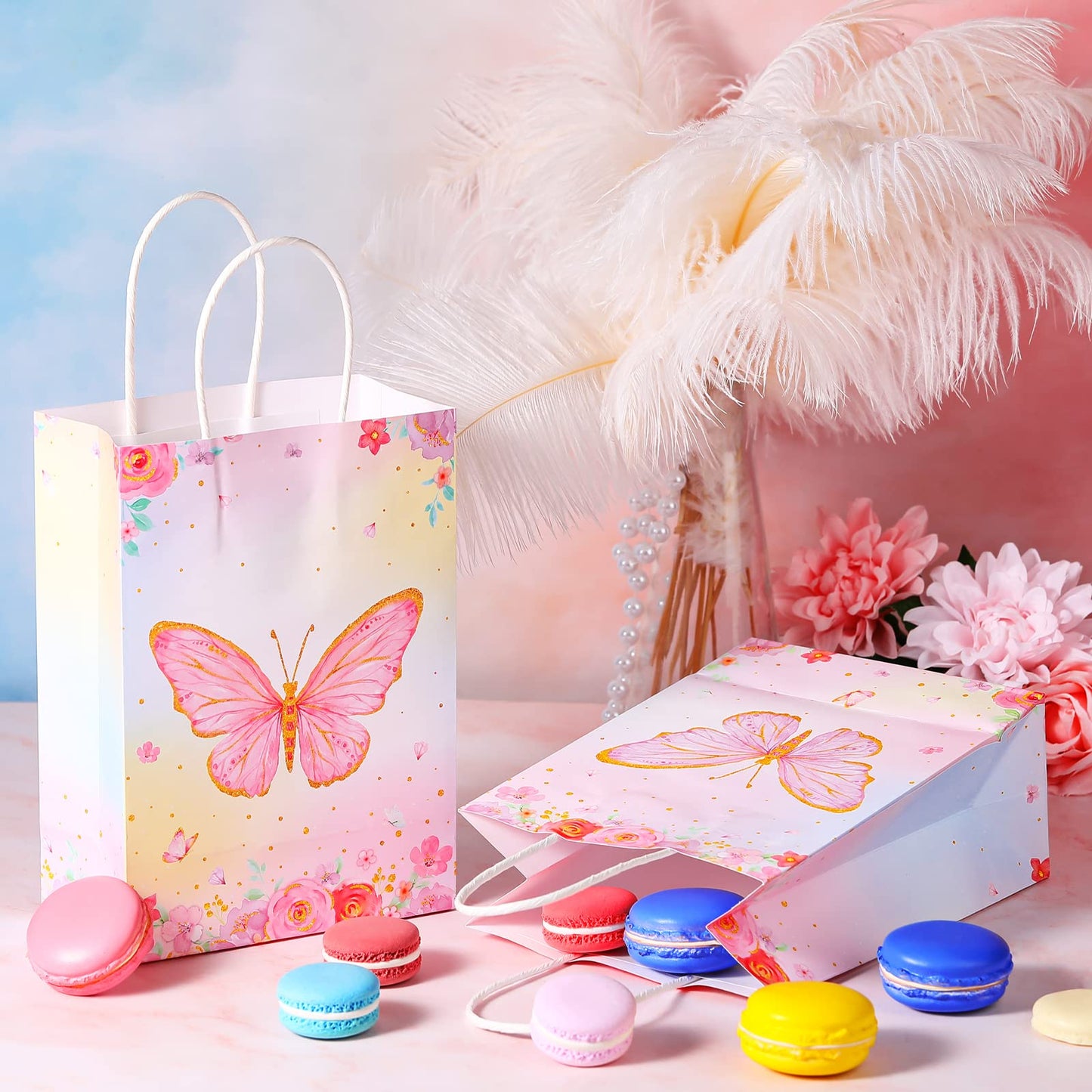 Leinuosen 16 Sets Butterfly Party Favor Bags, Butterfly Gift Bags with Tissue Paper, Pink Purple Floral Goodie Treat Totes for Birthday, Wedding, Baby Shower, Tea Party(Watercolor Style)