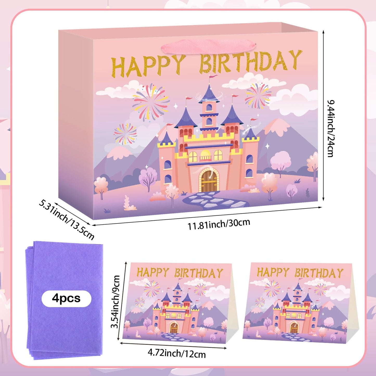 Hooqict Large Princess Gift Bag Birthday Gift Wrap Bag with Ribbon Handles, Tissue Paper, Greeting Card for Kids Girls Women Castle Princess Birthday Party Decorations Favor (Pink and Purple)