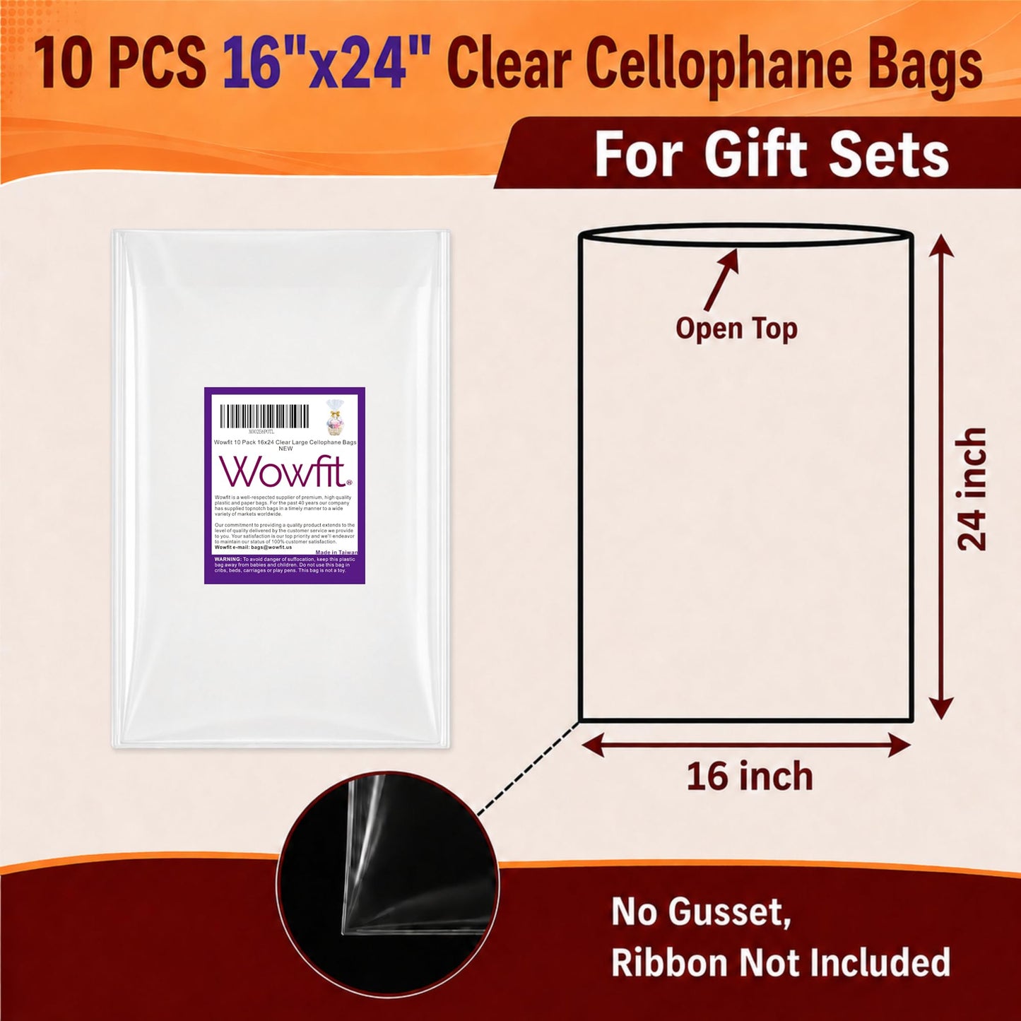 Wowfit 10 CT 16x24 Inch Clear Cellophane Gift Bags – Cello Bags for Gift Baskets, Raffle Prizes, Easter, Baby Shower, Bridal Shower & Holidays | Food Safe, No Gusset (Ribbon Not Included)