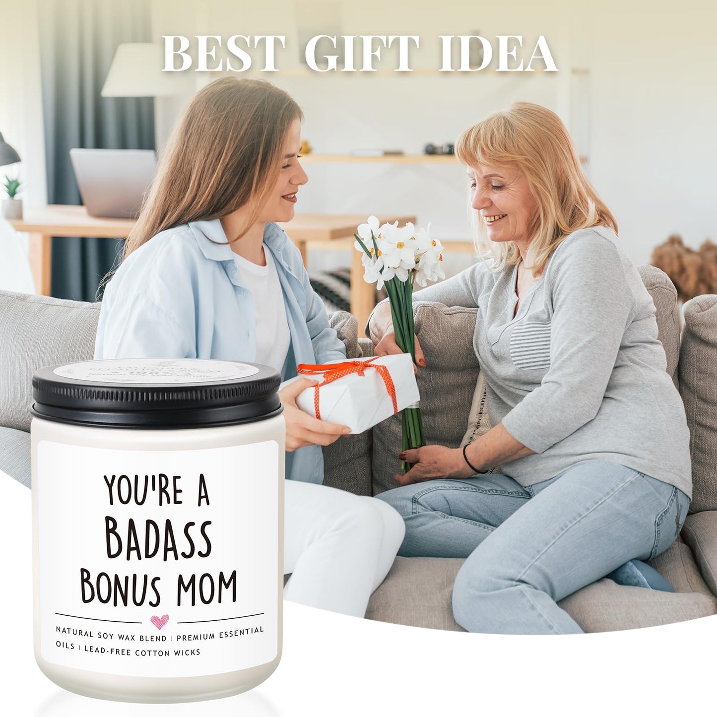 Bonus Mom Gifts from Daughter Son, Mothers Day Gifts for Stepmother, Badass Jar Candle Gift for Stepmom, Birthday Thanksgiving Day Christmas Gift for Stepmom, Adopted Moms, Second Moms