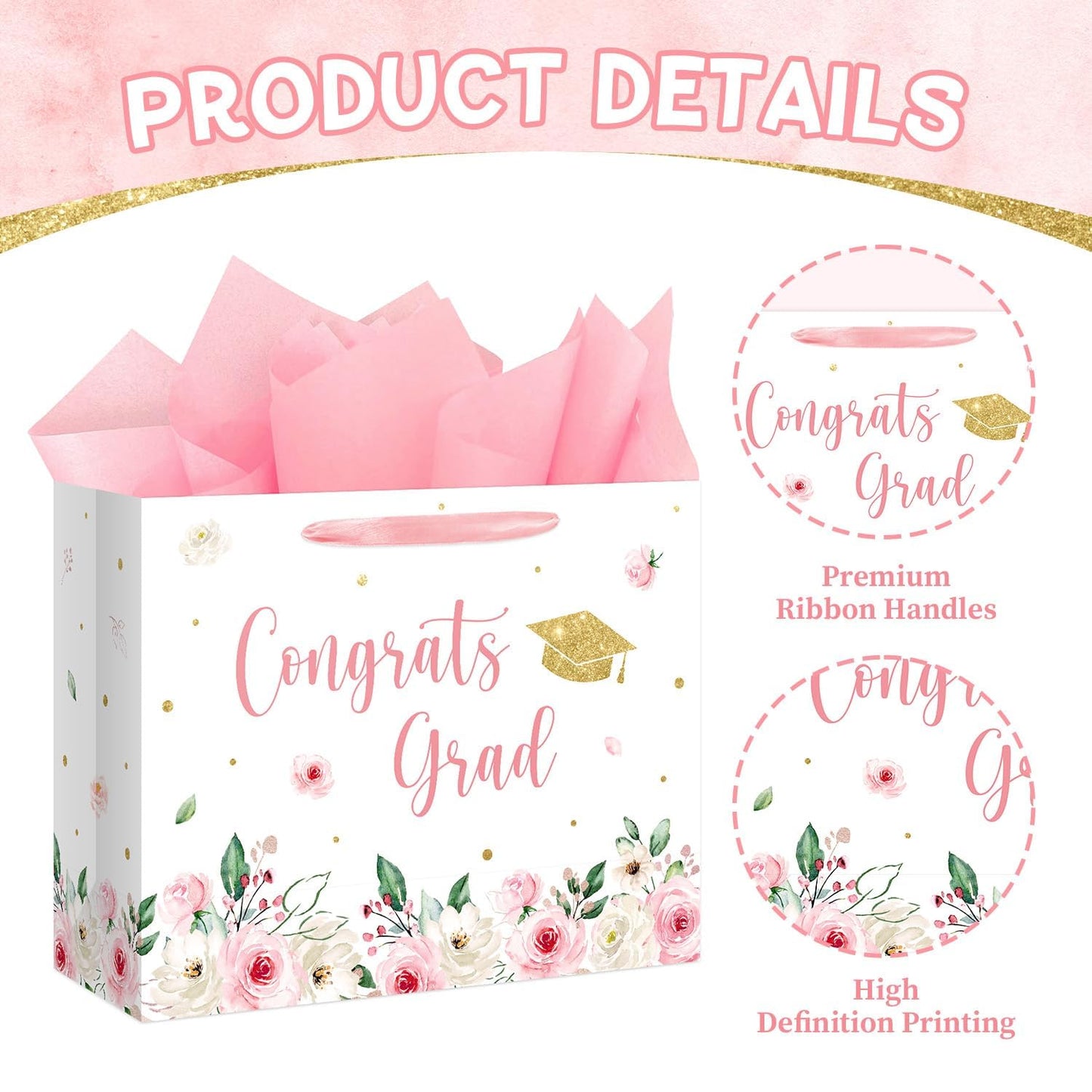 Aysimple 13" Large Graduation Gift Bag with Tissue Paper and Greeting Card Congrats Grad Present Bag for Her Pink Flower Gift Party Favor Bags for Girls Female Women Graduation Party Supplies 1Pcs