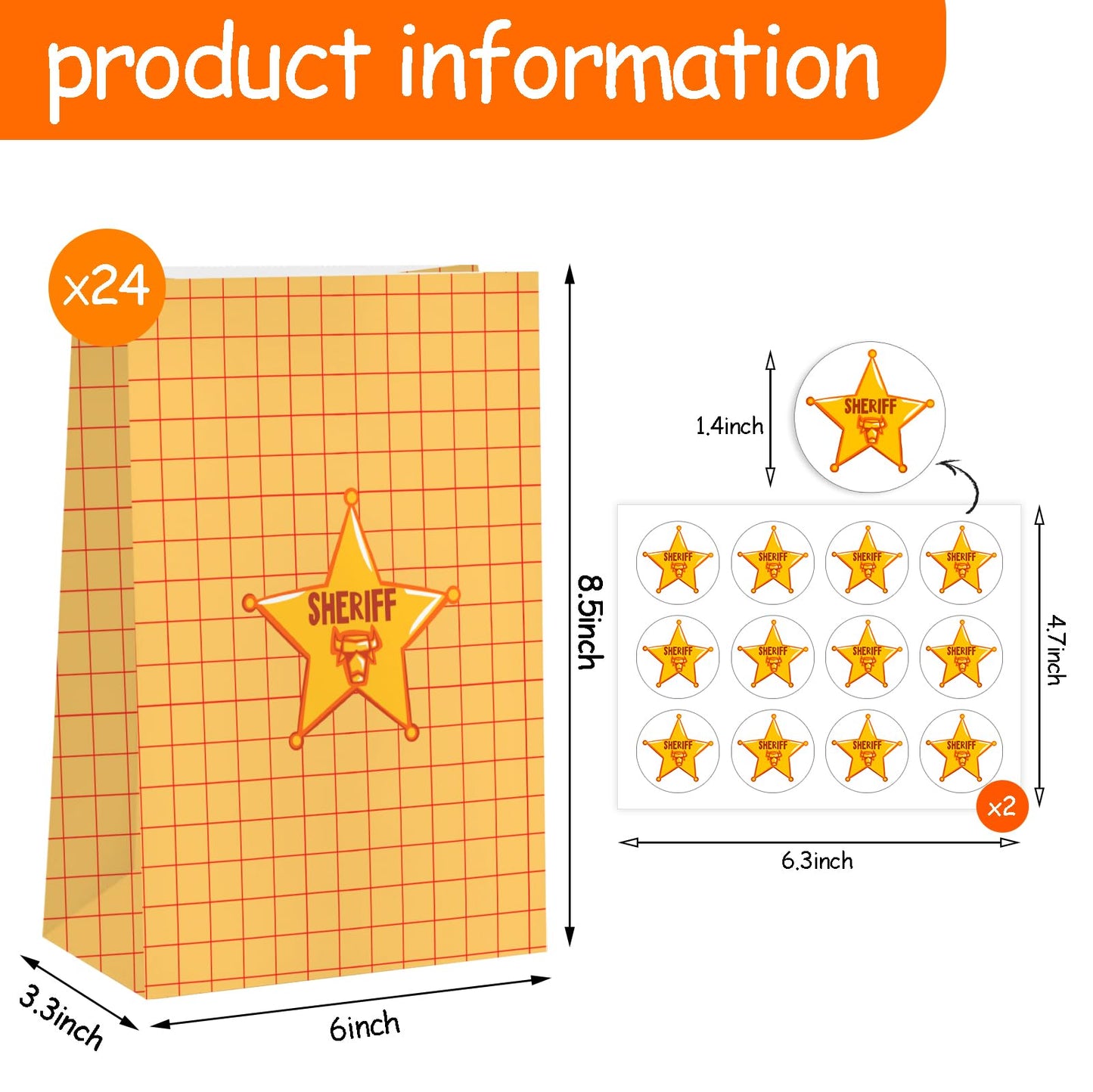 Cowboy Party Gift Bags - 24pcs Cartoon Story Goodie Bag for Birthday Party Decorations, Paper Lunch Bags for Baby Shower Bread Cookie Snack Thank You Gift Wrapping Bag (6 × 3.14 × 8.3 inch)