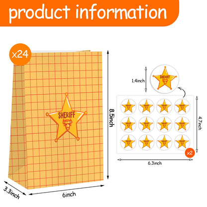 Cowboy Party Gift Bags - 24pcs Cartoon Story Goodie Bag for Birthday Party Decorations, Paper Lunch Bags for Baby Shower Bread Cookie Snack Thank You Gift Wrapping Bag (6 × 3.14 × 8.3 inch)