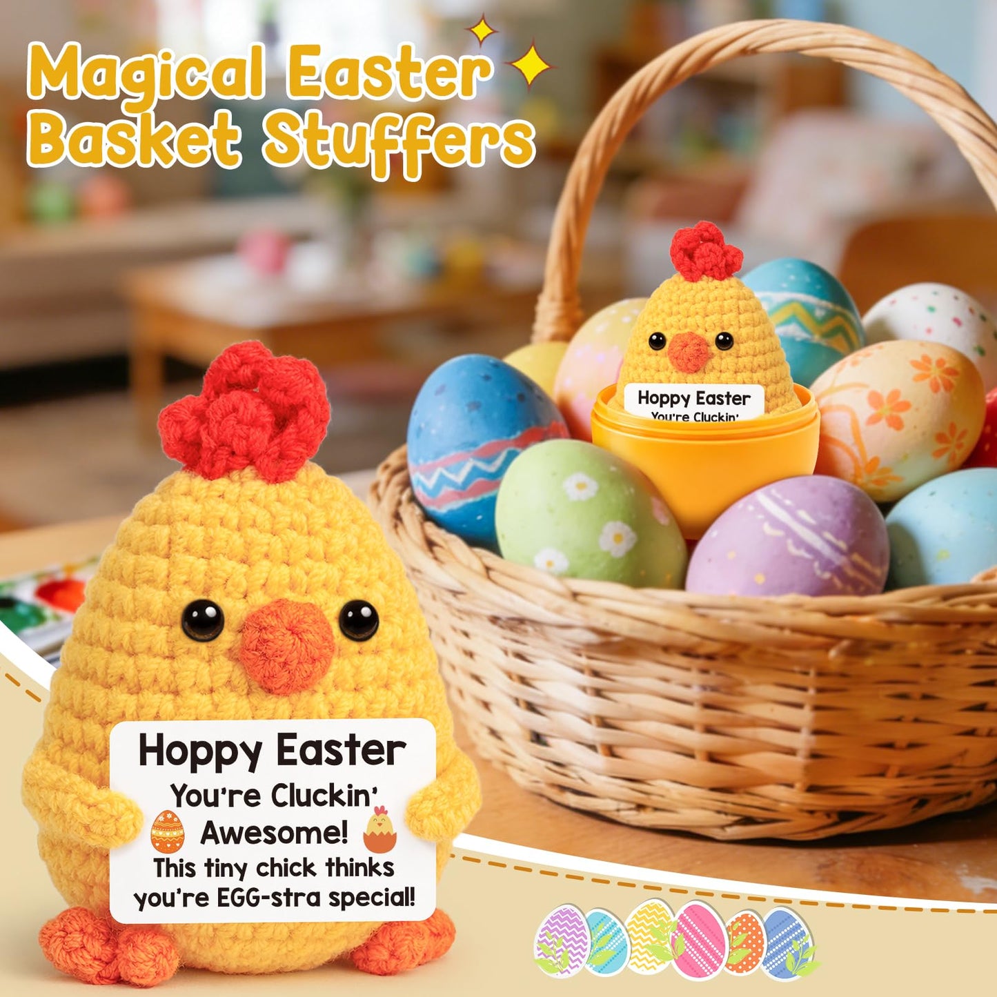 Funny Chicken Easter Basket Stuffers for Teens Girls Boys, Easter Gifts for Kids, Easter Egg Fillers for Daughter Son Friends Women Handmade Positive Crochet Animals Chick Support Present