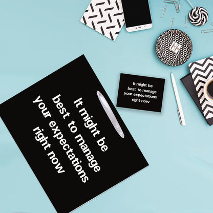SolarGlory Black Funny Gift Bag with Card and Tissue Paper - Sarcastic Manage Your Expectations Design - White Wrapping Paper - Perfect for Prankgifts, Officegifts, Birthday & Humor Enthusiasts