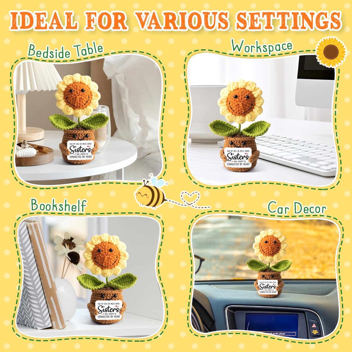 Mothers Day Sister Gifts from Sister - Positive Sunflower Crochet - Side by Side Or Miles Apart Sisters Emotional Support Crochet - Birthday, Graduation, Long Distance Gifts for Women, Soul Sisters