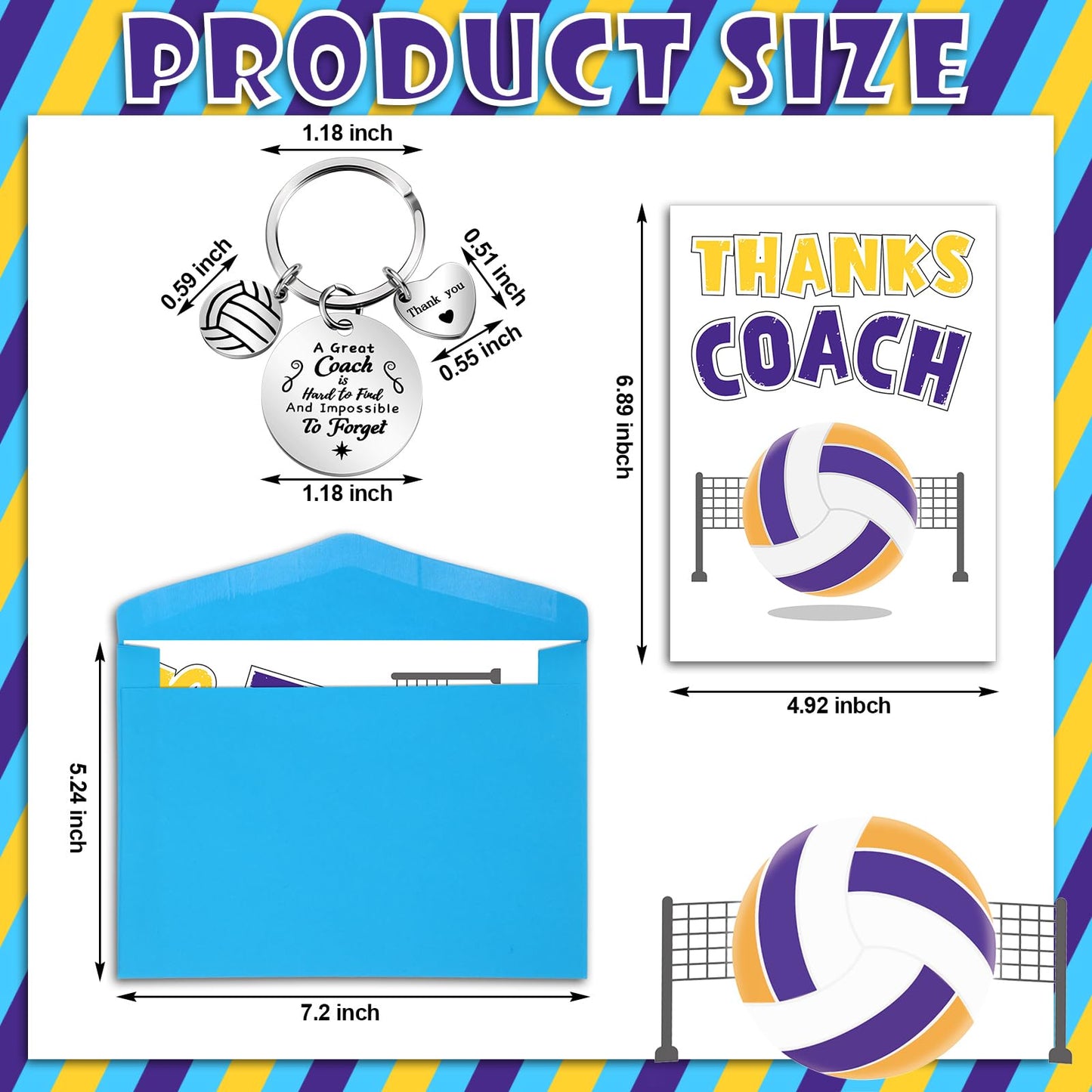 Misdary 6 Pcs Volleyball Soccer Coach Appreciation Gift Bulk 3 Thanks Card with envelope 3 Keychain Set for Gift