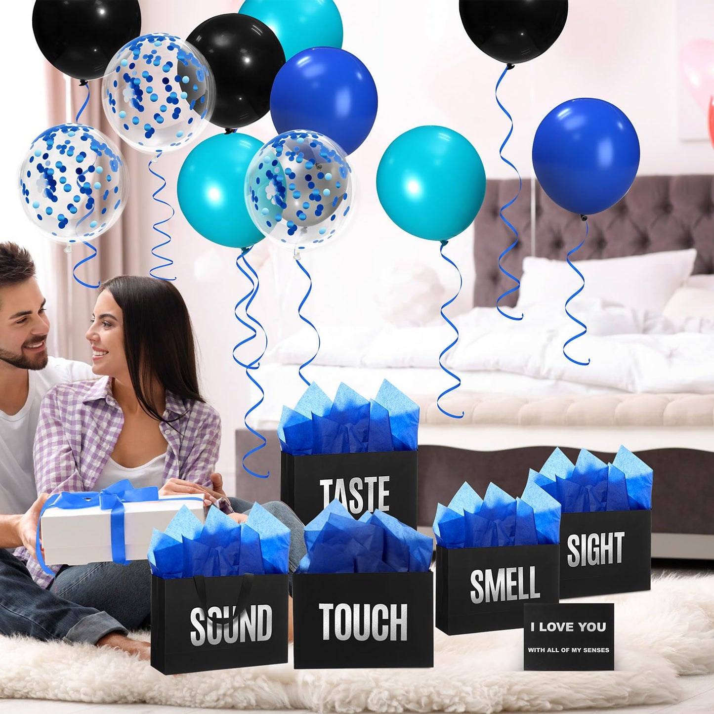 Soulchen 5 Senses Gift Bags for Him Her with Labels, Five Senses Gift Birthday Party Decoration Tissue Paper Handles, Comes with Rose Petals Banner Balloons for Party(Birthday,Blue Black)