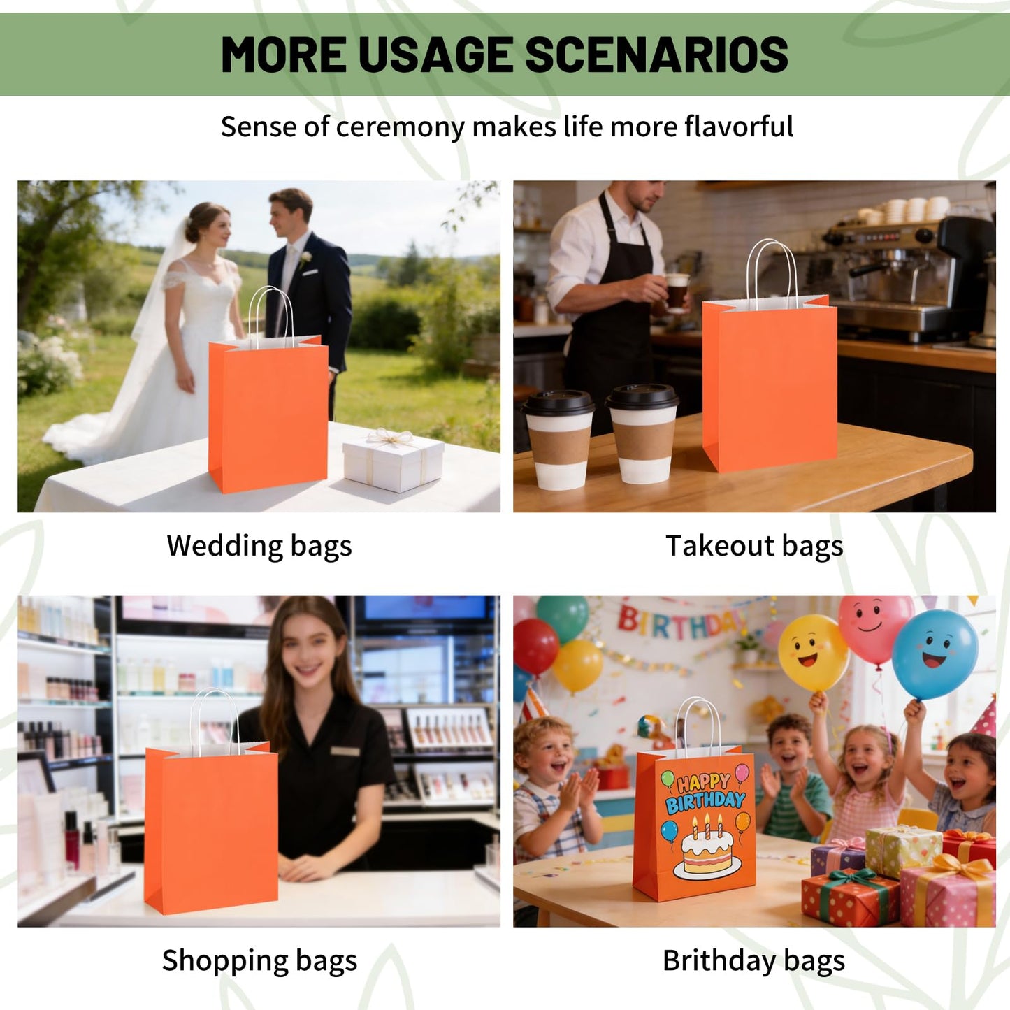 Mlyta 100 Pack 8x4.75x10 Inch Medium Orange Kraft Paper Gift Bags with Handles Bulk for Goodie, Party Favor, Brithday Grocery Shopping, Small Business Wedding Retail Craft Treat, Merchandise Sacks