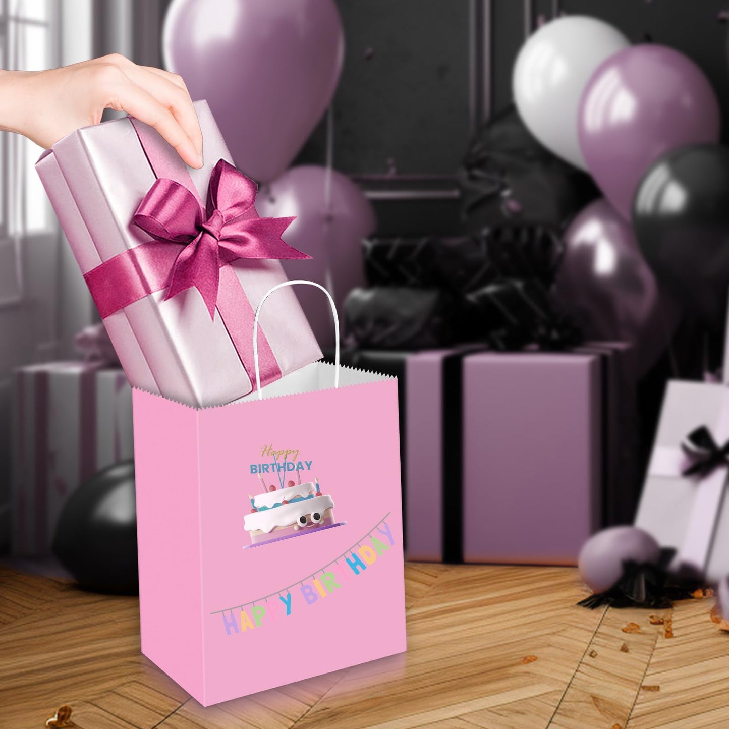 Toovip 100 Pack 8x4.75x10 Inch Medium Light Pink Kraft Paper Bags with Handles Bulk, Gift Wrap Bags for Favors Grocery Retail Party Birthday Shopping Business Goody Craft Merchandise Take Out Sacks