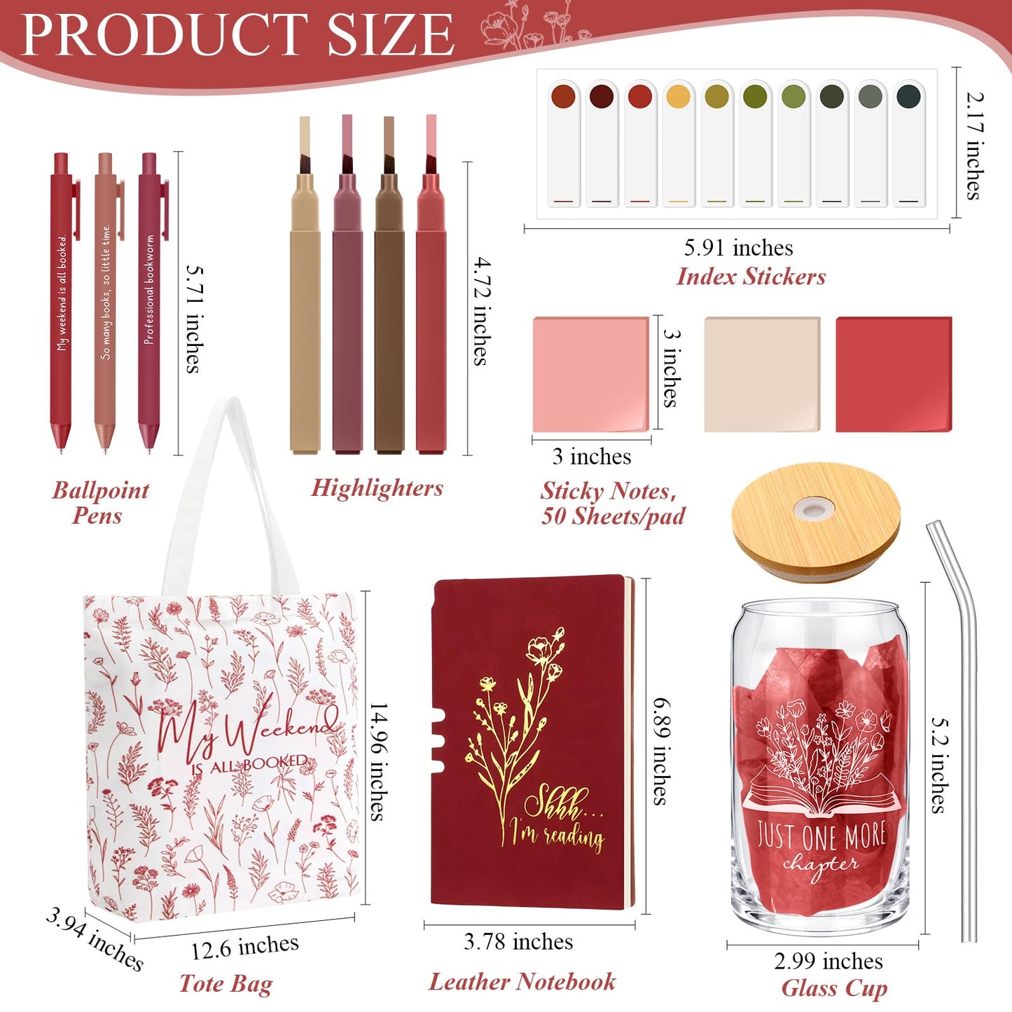 Havawish 14 Pcs Book Lovers Gifts for Women 16 oz Glass Cup Tote Bag A6 Journal Notebook Ballpoint Pens Highlighters Sticky Notes for Library Reader Bookworm Book Club(Red,Aesthetic)