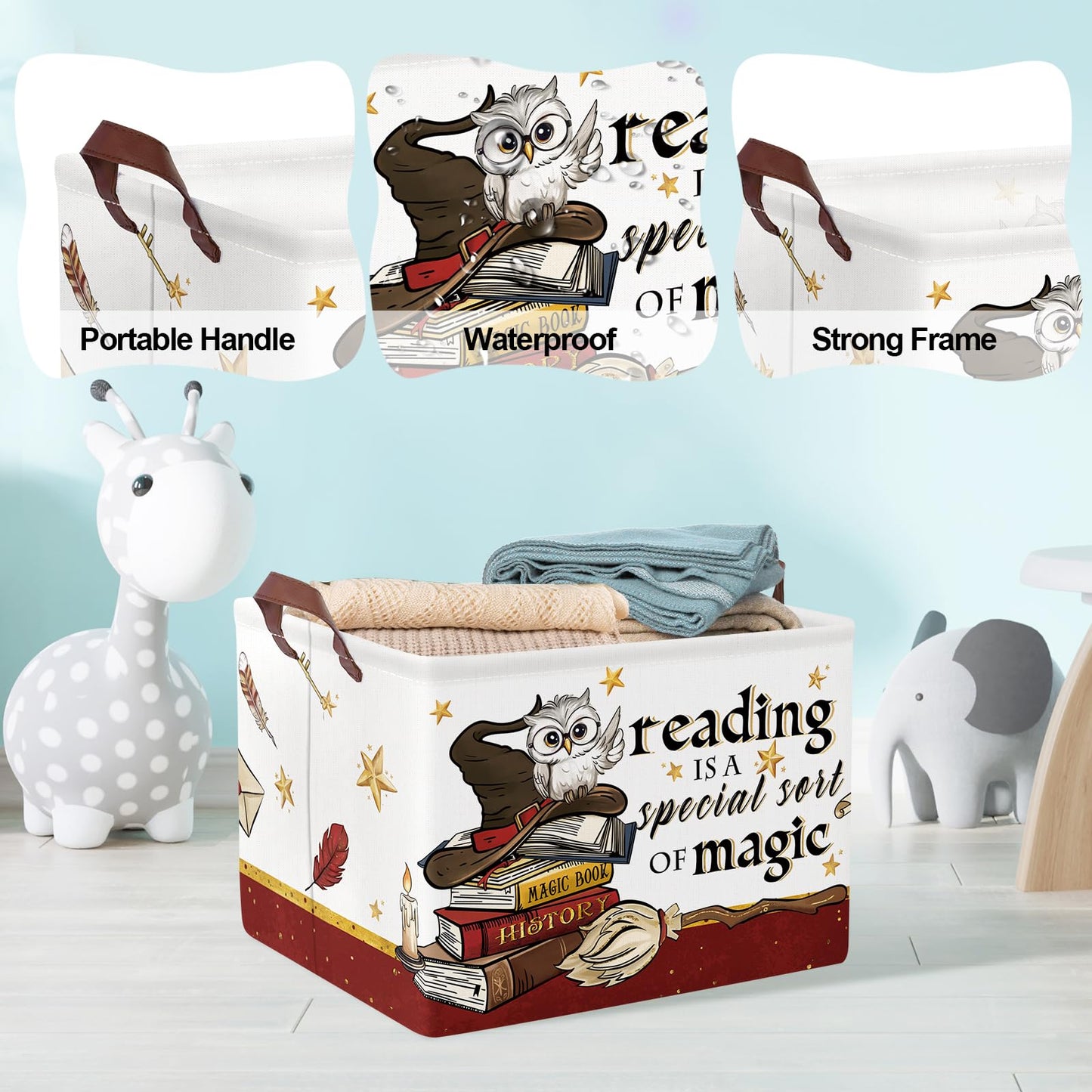 Clastyle Magic Nursery Decor Baby Gift Basket Kid Large Feather Hat Book Shelf Basket Broomstick Collapsible Rectangle Clothes Toy Bin,Wand Owl,40 * 30 * 30 cm