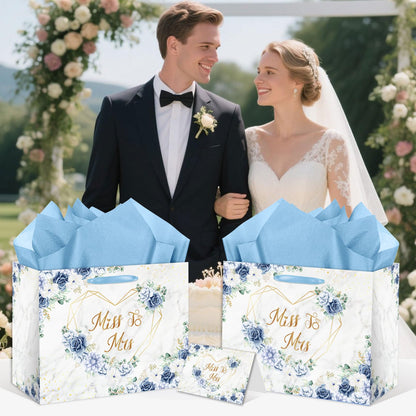 EIGHTSTATES Boho Bridal Shower Gift Bag Blue Floral Miss to Mrs Gift Bags with Card Tissue Bridal Shower Gift Wrapping Paper Bag for Weddings Bachelorette Parties Bridal Showers