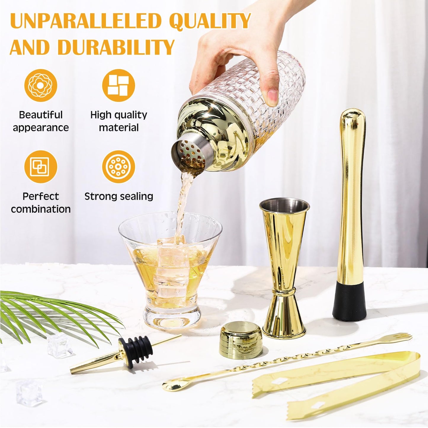 Pickmesh 9 Pcs Cocktail Shaker Set 13 oz Glass Cocktail Shaker with Built-in Strainer, 2 Martini Glasses, Shakers Bartending Drink Mixer Set Drink Mixer Gifts for Dad, Boyfriend, Husband (Gold)