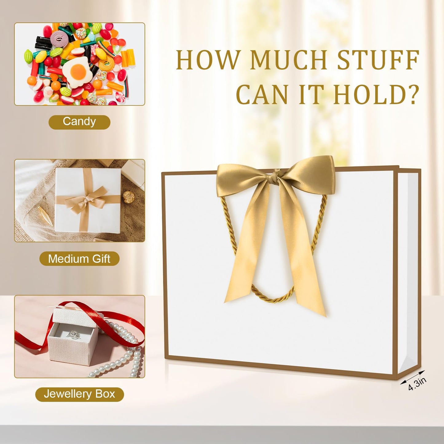 YoungTree Gift Bags with Handles, 13" Medium Gift Bag with 2 Tissue Paper and 1 Card, Present Bag for Graduation Wedding Baby Shower Bridal Shower Birthday Party Supplies (White-Gold)