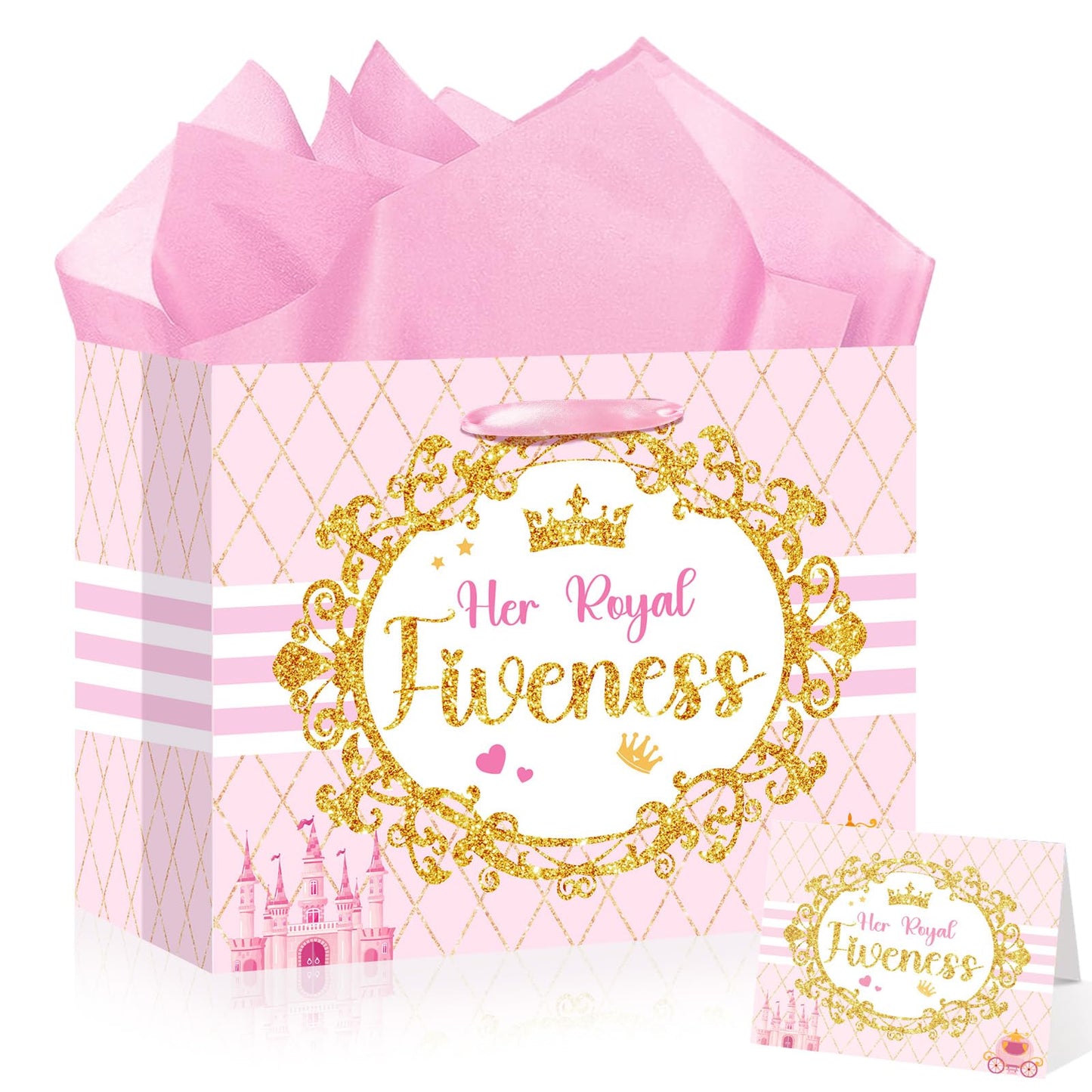 Princess Gift Bags Pink Happy 5th Birthday Party Favors Bag Princess Birthday Party Decorations with Wrapping Tissue Paper and Greeting Card for 5 Year Old Girls Kids Baby Shower Party Supplies Decor