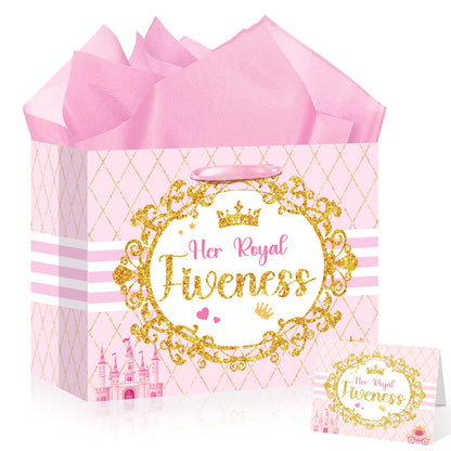 Princess Gift Bags Pink Happy 5th Birthday Party Favors Bag Princess Birthday Party Decorations with Wrapping Tissue Paper and Greeting Card for 5 Year Old Girls Kids Baby Shower Party Supplies Decor
