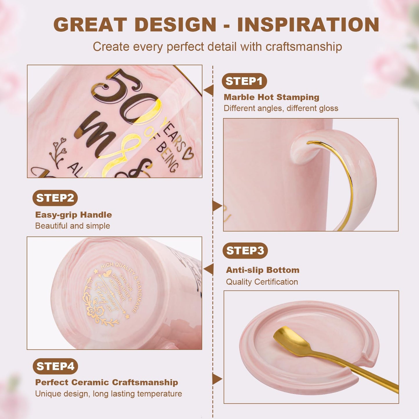 Biching 50th Wedding Anniversary for Couples, Golden 50th Anniversary Mugs Gifts for Parents Grandparents, 14Oz 50th Wedding Couple Mugs with Spoons, Lids, Greeting Card, Gift Box