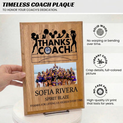Personalized Coach Plaque - Custom Award with Name, Team Picture & Year - Coach Gift for Appreciation, Retirement, Soccer, Football, Baseball, Cheer (Cheerleading, 9" X 12")