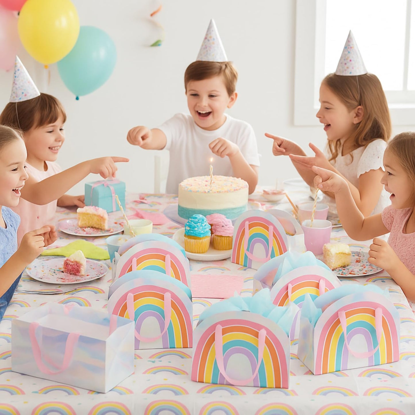 AmazingSpark 24 Pcs Rainbow Party Favor Bags 7.9 x 6.7 x 3.9 Inch Rainbow Gift Goodie Bags with Handles Colorful Treat Candy Gift Wrap for Birthday Baby Shower Wedding Party Favors Supplies
