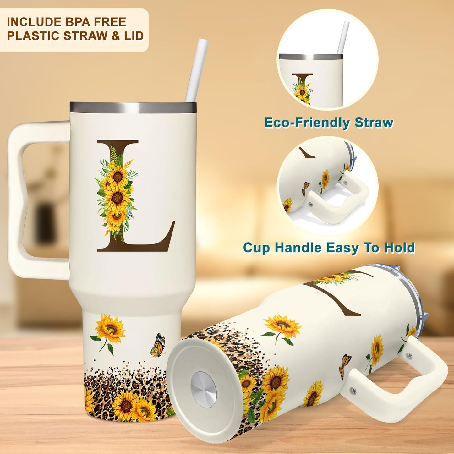 Personalized Birthday Gifts For Women - Sunflowers Monogrammed Cup For Boss Day, Christmas - Customized Gifts For Women, Mom, Wife, Coworkers, Boss Lady, Her - Custom Tumbler With Handle 40oz