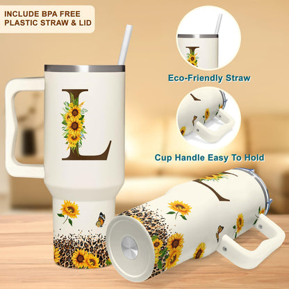 Personalized Birthday Gifts For Women - Sunflowers Monogrammed Cup For Boss Day, Christmas - Customized Gifts For Women, Mom, Wife, Coworkers, Boss Lady, Her - Custom Tumbler With Handle 40oz