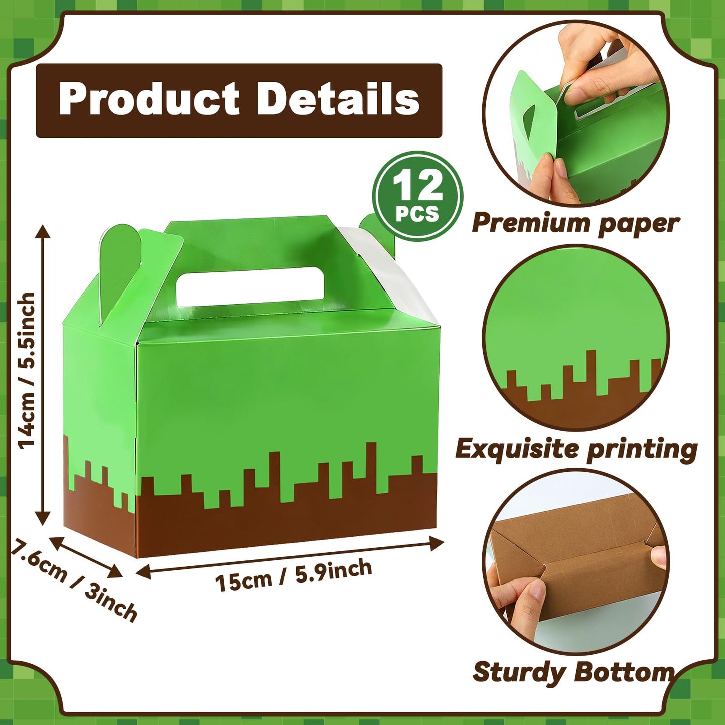 12Pcs Pixel Party Favors Gift Boxes Pixel Paper Treat Boxes Bulk Mining Themed Green Brown Video Game Birthday Goodie Candy Box for Kids Gamer Birthday Supplies Pixelated Party Baby Shower Decoration