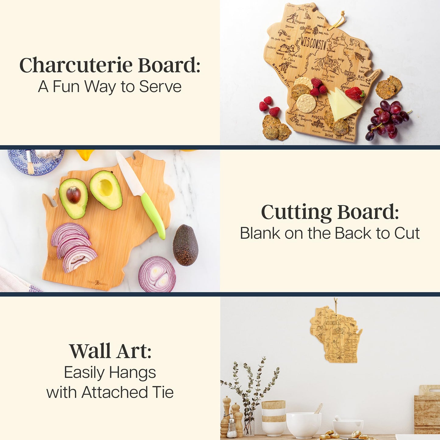Totally Bamboo Destination Wisconsin State Shaped Serving and Cutting Board, Includes Hang Tie for Wall Display
