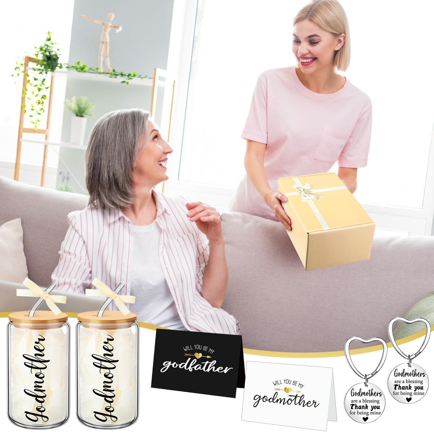 Mimorou 7 Pcs Fathers Day Godparents Proposal Gift Set Will You Be My Godparents from Godchild Godmother Godfather Gift with Glass Cups Keychains Cards Box for Birthday Baptism (Champagne)