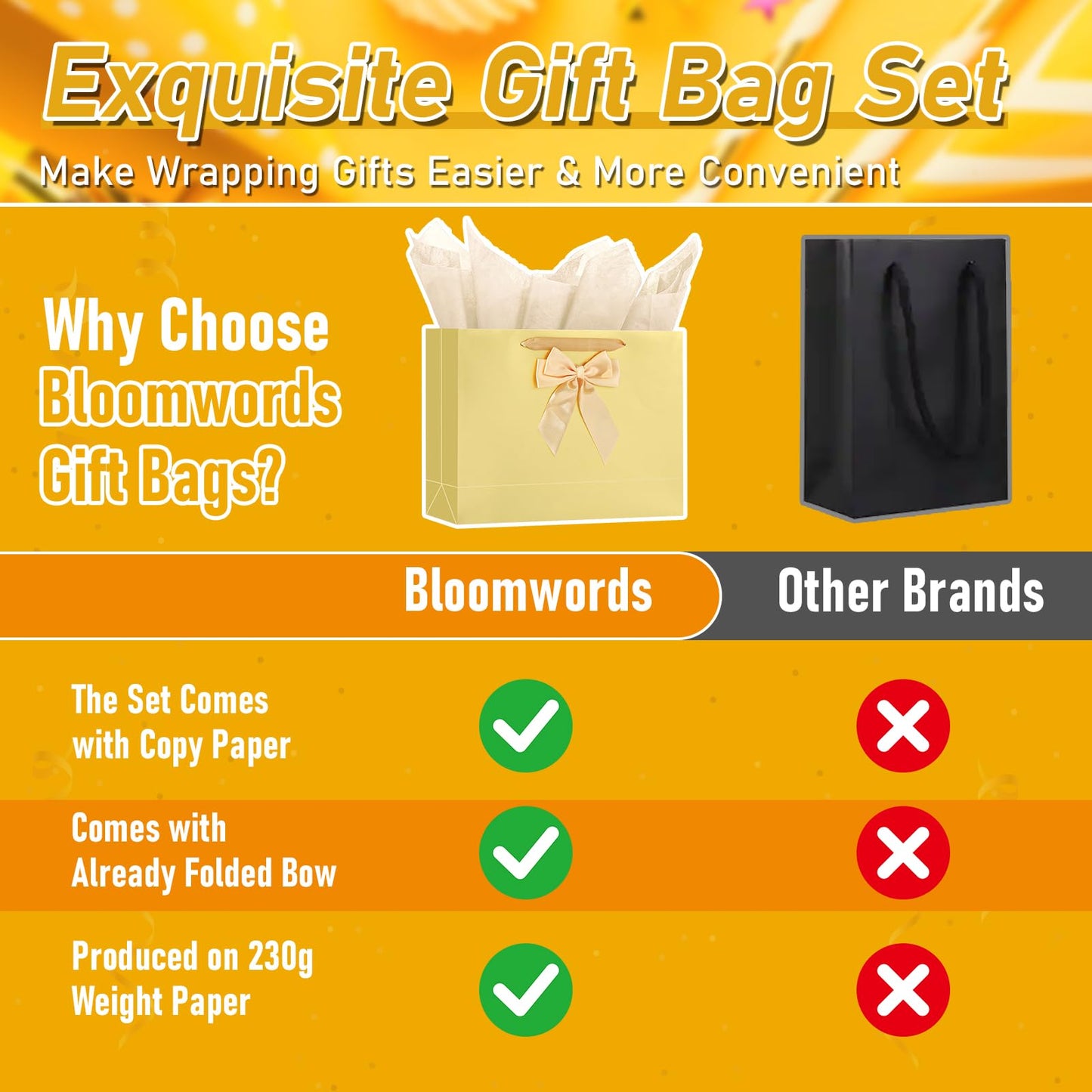 Bloomwords 13" Mother’s Day Gift Bag - 1 Large Paper Bag with Bow, Greeting Card & 2 Tissues, Sturdy Handles for Woman Birthdays, Valentines’s Day, Mother’s Day