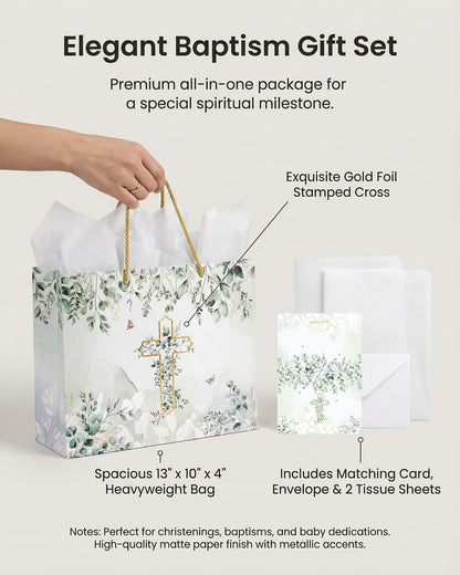 GFInYHM Baptism Gift Bag with Card and Tissue Paper, 13" Gold Foil Cross Eucalyptus Leaves Religious Gift Bags Set for First Communion, Christening, Baby Shower, Wedding, Easter, Confirmation