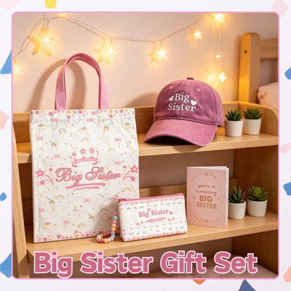 4pcs Big Sister Gifts Set with Embroidered Baseball Caps, Bag, Pen Pouch & Bracelet for Announcement Gift