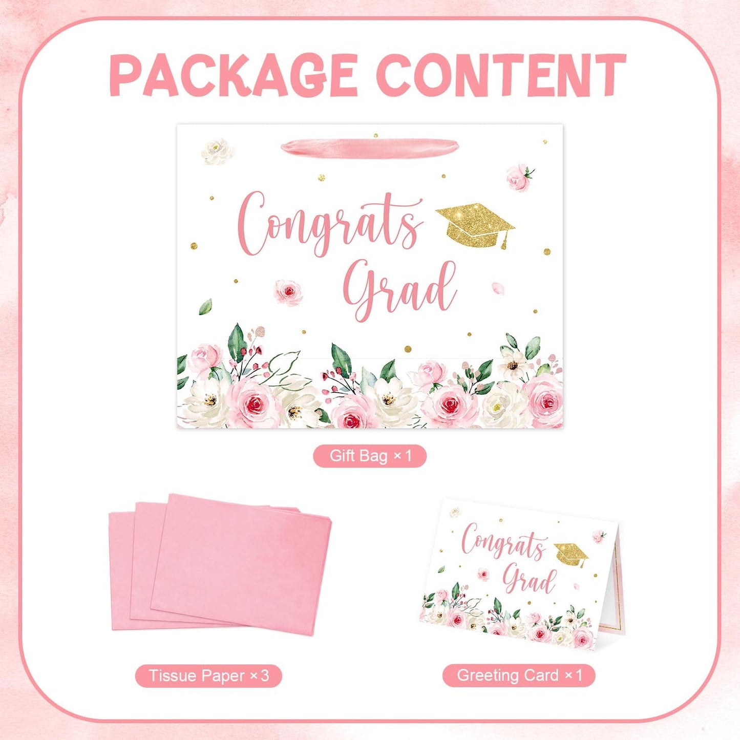 Aysimple 13" Large Graduation Gift Bag with Tissue Paper and Greeting Card Congrats Grad Present Bag for Her Pink Flower Gift Party Favor Bags for Girls Female Women Graduation Party Supplies 1Pcs