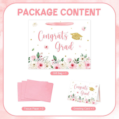 Aysimple 13" Large Graduation Gift Bag with Tissue Paper and Greeting Card Congrats Grad Present Bag for Her Pink Flower Gift Party Favor Bags for Girls Female Women Graduation Party Supplies 1Pcs