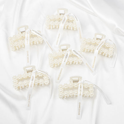8 PCS Pearl Bridesmaid Gifts Rectangle Hair Claw Clips with Ribbon 3 Inch Hair Hccessories for Wedding Bachelorette Party Favors