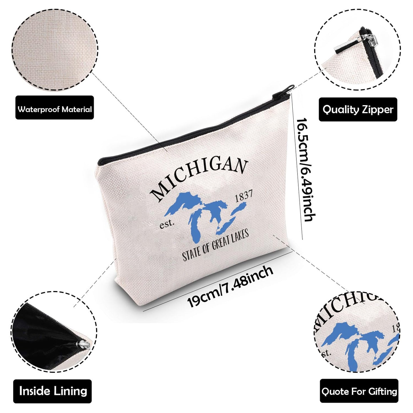 ZJXHPO Michigan State Themed Cosmetic Bag - Waterproof Polyester Makeup Travel Gift Bag - Michigan 1837