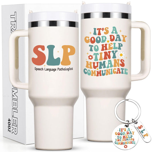 Lifecapido Speech Pathologist Gifts, SLP 40oz Tumbler with Keychain, Birthday Christmas Speech Therapy SLP Gifts for Speech Language Pathologist, Creamy