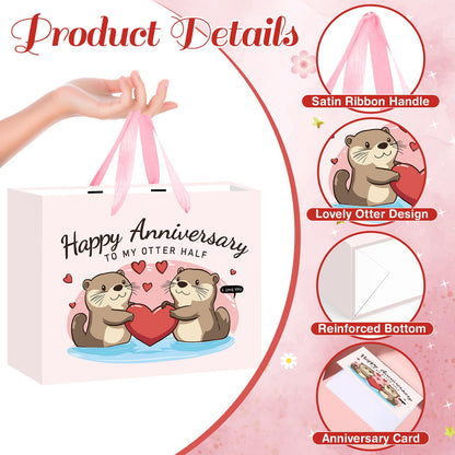 Anniversary Party Gift Bag Pink Wedding Gift Wrap Bag with Happy Anniversary Card and Wrapping Paper Cute Otter Couple Paper Bag for Him Her Women Men Valentine Anniversary Party Decorations Supplies