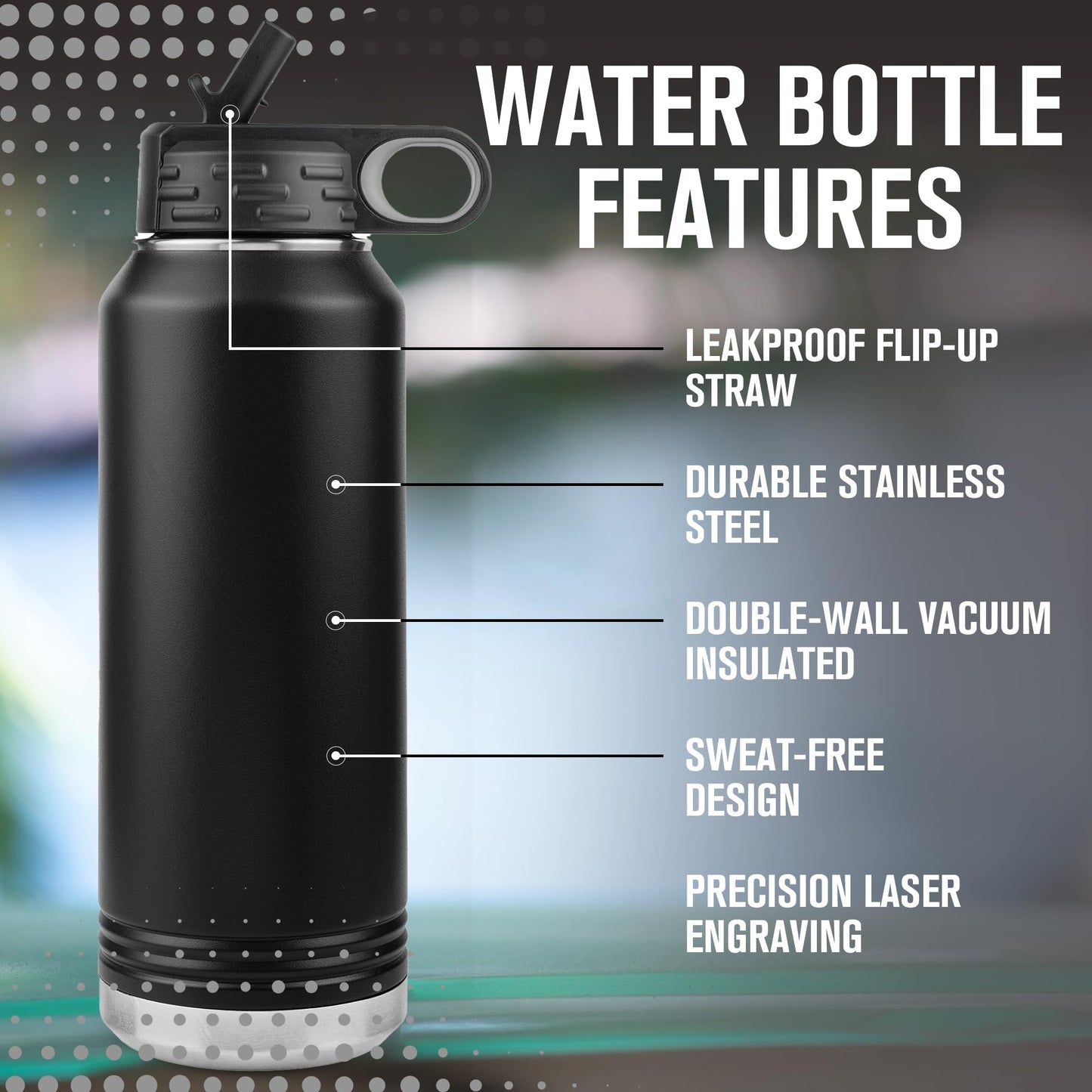 Lineman Water Bottle - 32oz Insulated Engraved Stainless Steel Flip Top With Straw Gift - Black