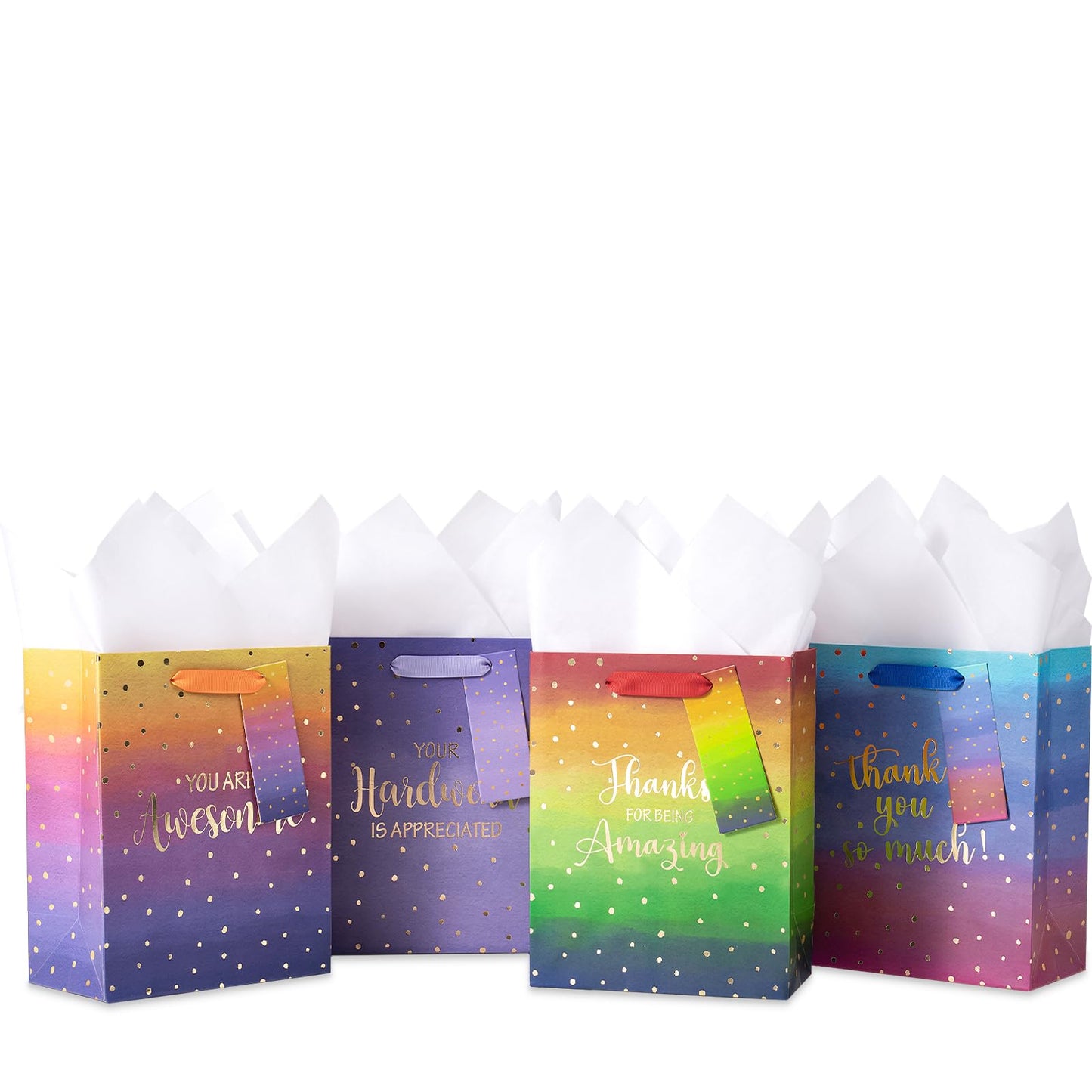 Loveinside Medium Size Gift Bags, Employee Appreciation Thanks Pattern Gift Bag with Tissue Paper for Shopping, Parties, Wedding, Baby Shower, Craft-4 Pack, 7" X 4" X 9"