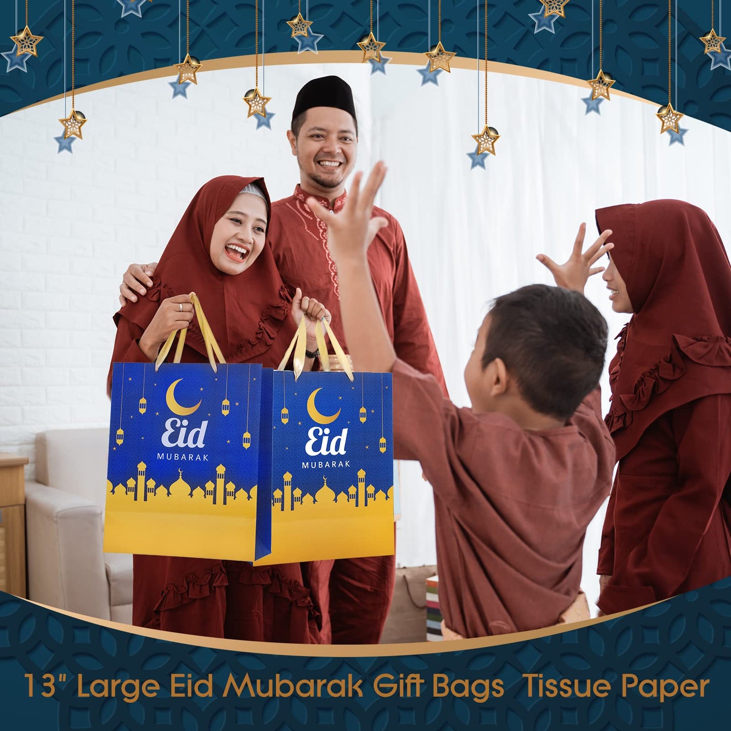 Crtiin 12 Pack Eid Mubarak Gift Bags with Handle 13" Large Paper Eid Gift Bags with Tissue Paper Eid Mubarak Bags Ramadan Gift Bags Eid Goodie Bags Muslim Ramadan Gift Bags for Eid Party Supplies