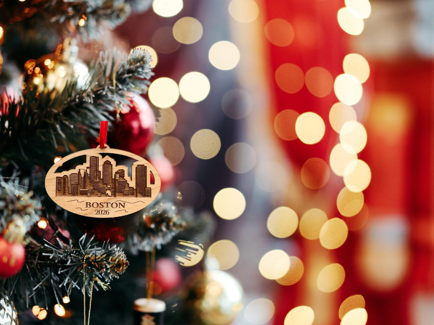 2026 Boston Christmas Ornament, City Skyline Boston Trip Souvenir or Gift Idea, Massachusetts Souvenirs, Gifts - 250 Years of America Commemorative Memento, Laser Cut Wood, with Gift Box