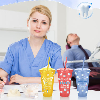 Meanplan 24 Pcs Dental Assistant Week Gifts Bulk 24 oz Plastic Teeth Tumbler with Lids and Straws Thank You Cups Travel Mugs Inspirational Dental Assistant Appreciation Gifts for Dentist Party Favors