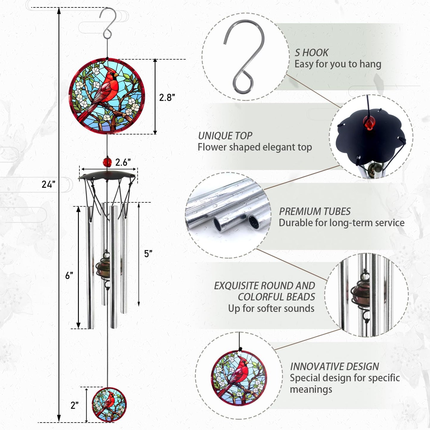 Wind Chimes for Outside 24" Cardinal Wind Chimes Outdoor Home Patio Garden Decor Windchimes Outdoors Cardinal Gifts for Women Mom Grandma Sisters