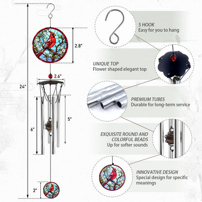 Wind Chimes for Outside 24" Cardinal Wind Chimes Outdoor Home Patio Garden Decor Windchimes Outdoors Cardinal Gifts for Women Mom Grandma Sisters