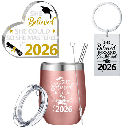 Gerrii 3 Pcs Masters Graduation Gift Set She Believed She Could So Mastered It 2026 Insulated Tumbler 12 oz Acrylic Heart Decor Keychain Graduation Master Degree Christmas Gift for Women(Master)