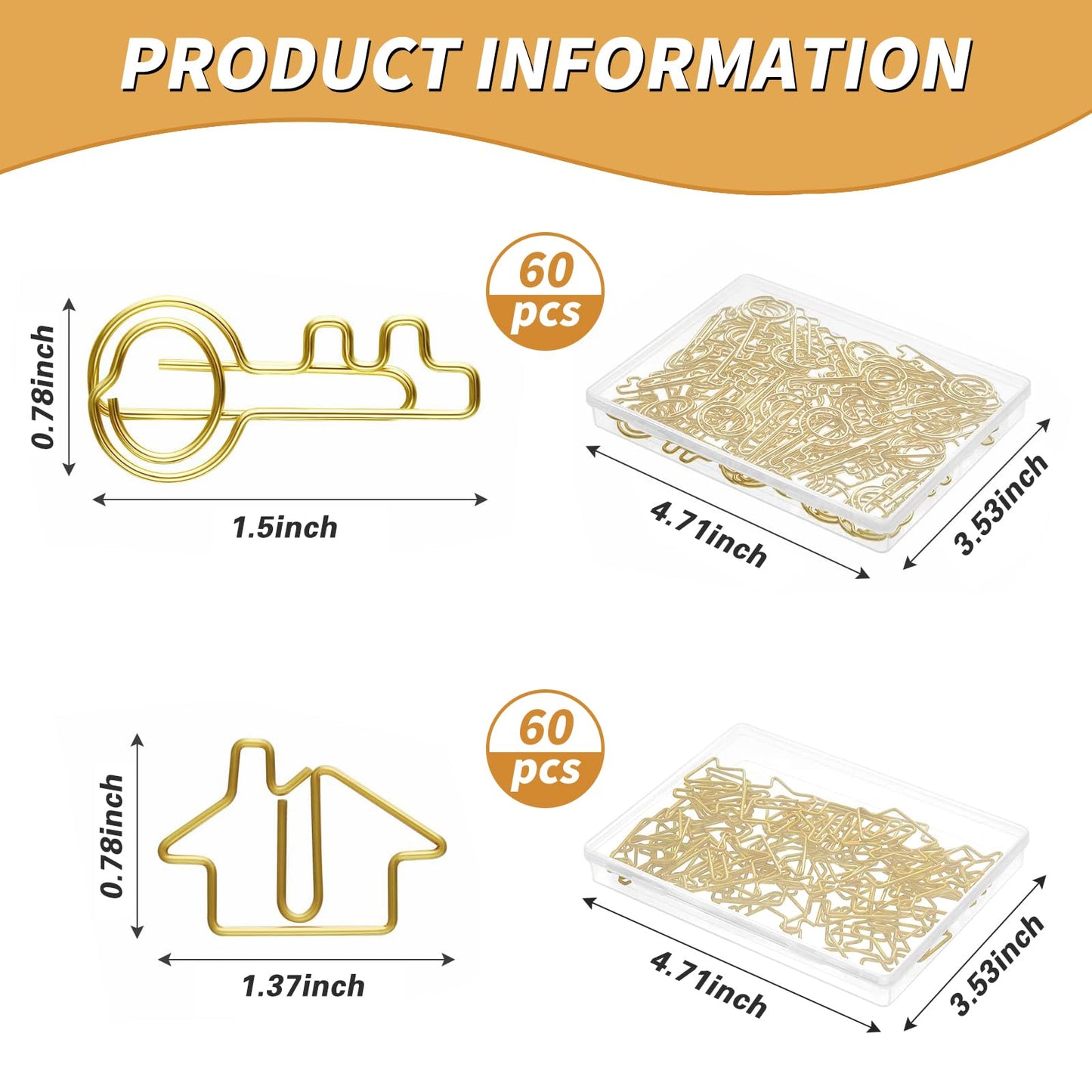 Hesena 120 Pcs Paper Clip Set, 60 Pcs House & 60 Pcs Key Shaped Paperclips for Office, Real Estate Agent,Realtors Gifts (Gold)